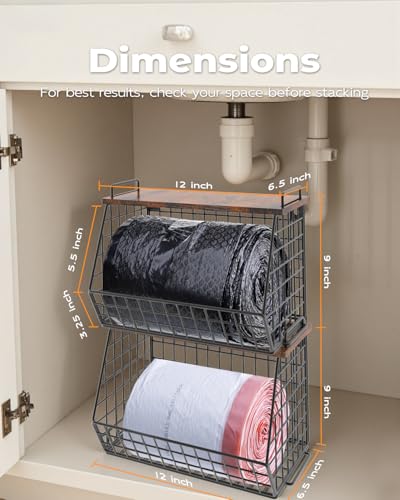 2 Pack Stackable Extra Large Trash Bag Holder Under Sink, Wall Mounted Garbage Bag Dispenser Roll Holder for 13/33 Gallon Trash Bags, Kitchen/Pantry/Laundry Room Organization Basket Storage Bin - view 3