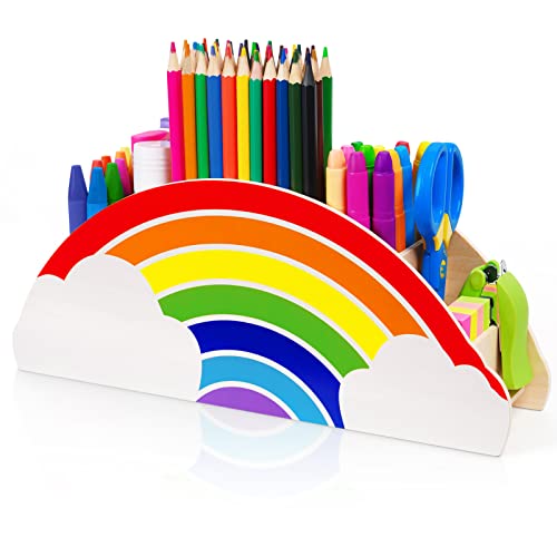 Rainbow Wooden Desk Organizer Natural Wood No Smell Childfriendly Cute Pen Pencil Holder Caddy for Office Supplies Classroom for Art Supply Makeup Brush Storage for Kids Present