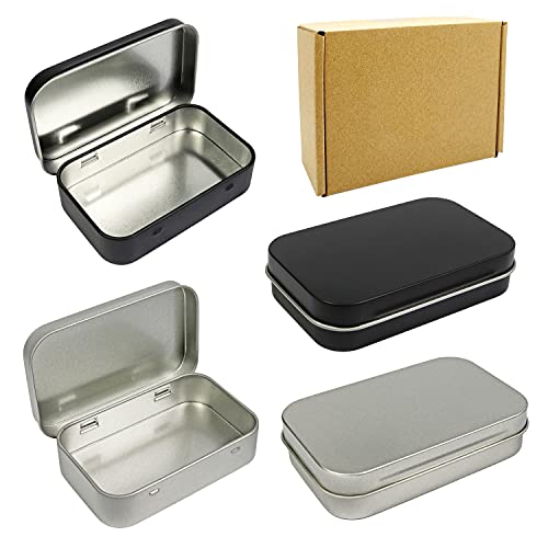 4 Pack Metal Rectangular Empty Hinged Tins Box Containers 3.75 by 2.45 by 0.8 Inch Silver & Black Mini Portable Box Small Storage Kit Home Organizer (2 Black 2 Silver)