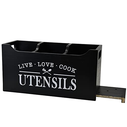 Kitchen Utensil Holder with Drainage Bottom, Large 3 Compartments Solid Real Wood Utensil Organizer for Kitchen Counter, Farmhouse Cooking Tools Storage for Countertop, Black - view 7