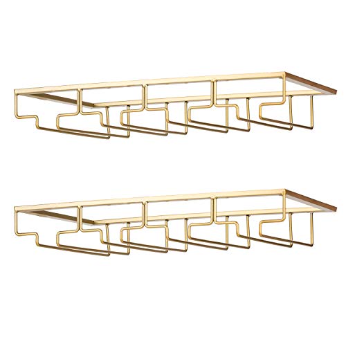 Wine Glass Rack - Under Cabinet Stemware Wine Glass Holder Glasses Storage Hanger 2 Pack Metal Organizer for Bar Kitchen 4 Rows Gold