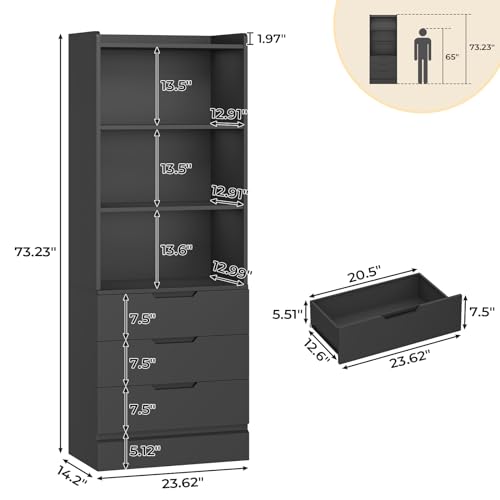 Bookcase with 3 Drawers and Shelves 73.23'' Tall Bookshelf with Storage Modern Wood Closet Drawers System,Closet Organizer Unit Freestanding Tall Storage Cabinet for Home Office,Bathroom,Black - view 3