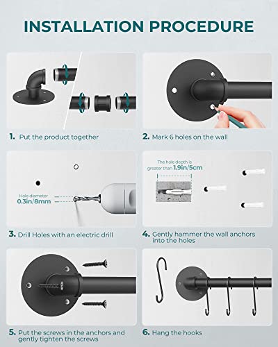 38'' Pot Rack Wall Mounted, Iron Pipe Hanging Pot Rack, 14 S Hooks - view 6