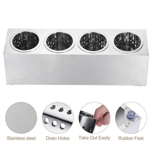 Commercial Utensil Holder, Stainless Steel Cylinder Flatware Silverware Utensil Holder Caddy Drying Rack Countertop Silverware Organizer (4 Holes) - view 4