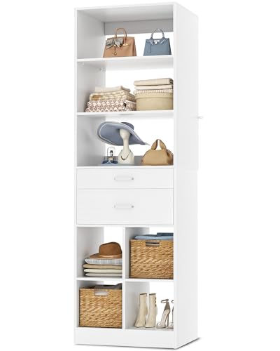 22" Closet System with Drawers, Small Closet Organizer for Walk in Closet, Wardrobe Storage Unit with Storage and Shelves, White