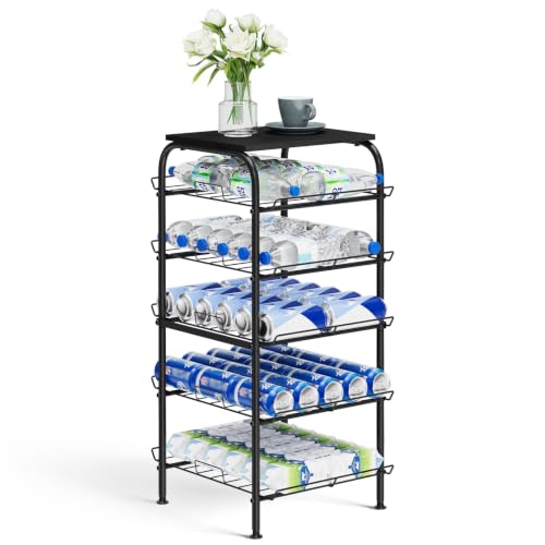 5 Tier Water Bottle Storage Rack Vertical Freestanding Bottled Water Organizer Large Capacity Beverage Drink Soda Can Holder Stand for Kitchen Pantry Home Party Food Storage, Black