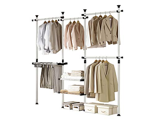 Deluxe Pants & Shelf Hanger Heavy Duty One Touch Load 880LBS Clothing Racks for Hanging Clothes Metal Wardrobe Closet Garment Tension Rod Freestanding Ivory Height Adjustable PHUS-0052
