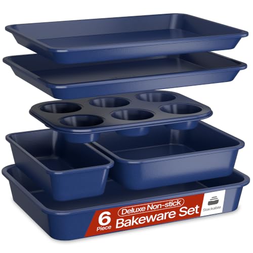 BAKKEN Nonstick Carbon Steel Bakeware Set - 6 Piece Kitchen Baking Trays, Non Toxic Stackable Oven Pans Bundle with Cookie Sheets, 6 Cup Muffin, Roaster, Square Cake, and Loaf Pan for Bread