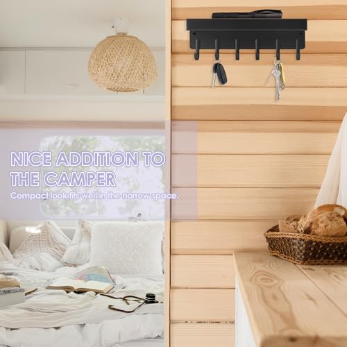 Key Holder Wall Mount, Adhesive Key Rack with Tray, 6 Hooks, Black - view 6