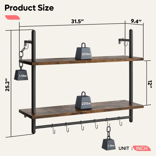31" Industrial Pipe Wall Shelf with Towel Bar, Rustic Brown - view 2