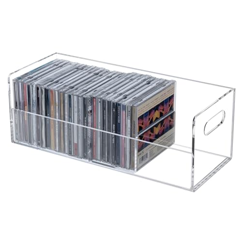 Modern Premium Clear Acrylic Stackable CD Holder Rack with Cutout Carrying Handles, Compact Disc Jewel Case Display Crate, Media Storage Organizer
