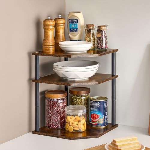 Wooden 3 Tier Corner Shelf, Countertop Storage Organizer for Kitchen Cabinets and Desk, Plates, Dishes, Bread and Small Space Decor, Adjustable - view 2