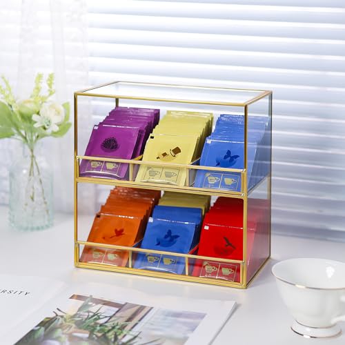 Glass Tea Bag Organizer for Counter, 2-Tier Teabag Organizer Storage Holder for Tea Bags, Glass Caddy Box Containers, Rack Teabag Station Stand for Cabinet Kitchen, 2-Tier, Gold - view 4