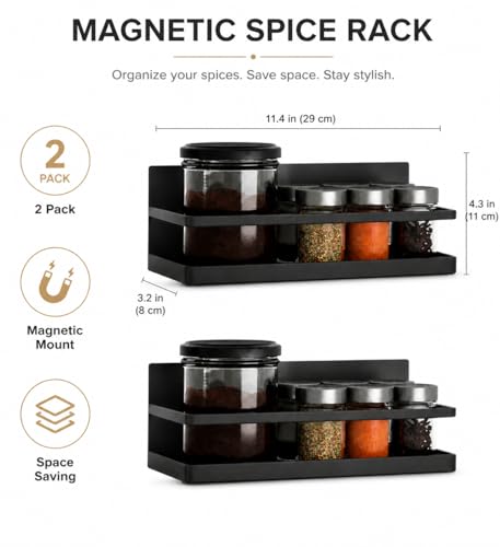 Magnetic Spice Rack Set of 2, Wall Mount or Refrigerator Organizer, Black Matte Steel Kitchen Shelf, Strong Magnetic Back, Drill or No-Drill Installation, Space Saving for Kitchen Organization - view 3