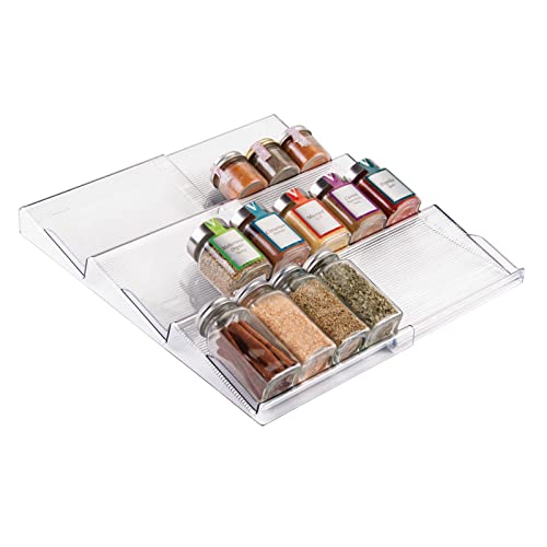 Expandable Plastic Deluxe Spice Rack, Drawer Organizer for Kitchen Cabinet Drawers, 3 Tier Slanted for Spice Jars, Food Seasoning Bottle Storage, Ligne Collection - Clear