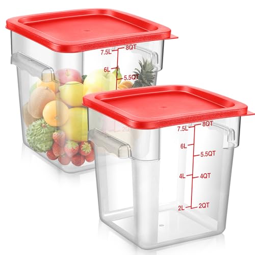 2 Pcs Square Food Storage Container Polycarbonate Clear Food Container with Lid Commercial Rice Storage with Graduations for Commercial Kitchen(8 Qt,Red)