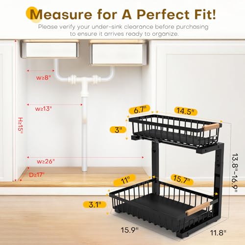 Under Sink Organizer, Heavy-Duty & Rust-Resistant Carbon Steel Metal, 2 Tier Pull Out Under Bathroom Sink Storage, Adjustable Height (13.8" -16.9"), Organizer for Kitchen Cabinet(2PCS,Black) - view 2