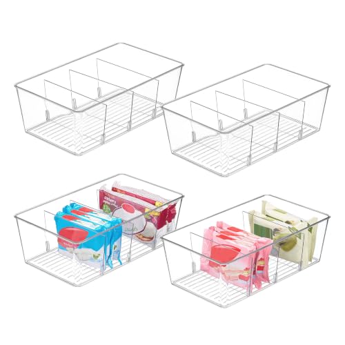 4 Pack Food Storage Organizer Bins, Clear Plastic, 4 Compartments