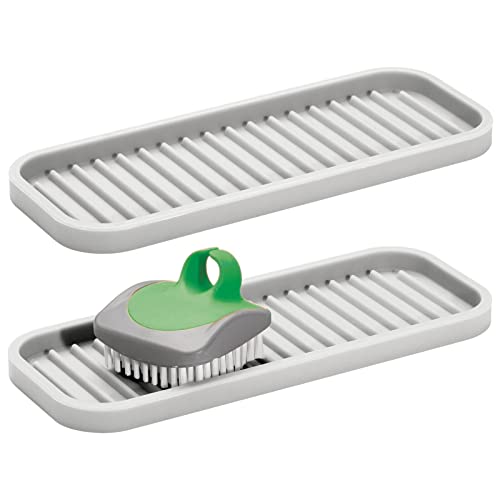 Durable Silicone Kitchen Sink Storage Organizer Tray - Holder for Sponges, Soap, Scrubbers - Ribbed Base, Quick Drying, Waterproof, Non-Slip - Linelle Collection - 2 Pack - Light Stone Gray