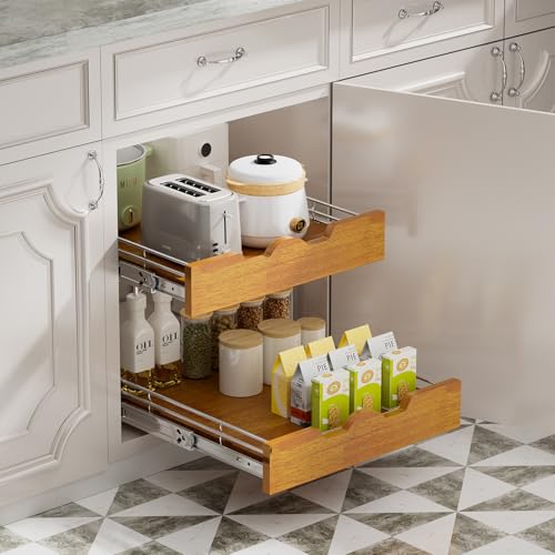 2 Tier Pull Out Cabinet Organizer (17" W x 21" D) Slide Out Wood Shelf Double Tier Kitchen Wire Basket With Chrome Finish… - view 6