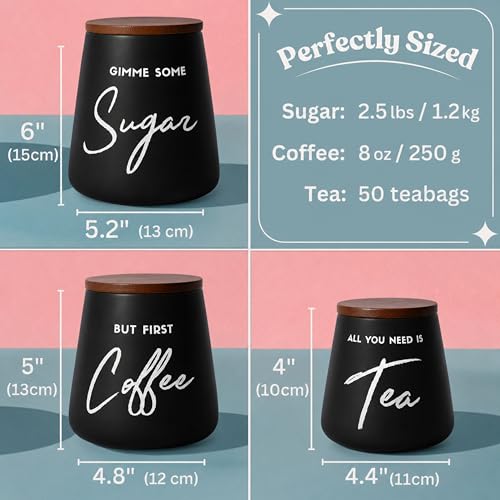 Modern Coffee Tea Sugar Container Set, 3pc Ceramic Storage Jar, Matte Black - view 2
