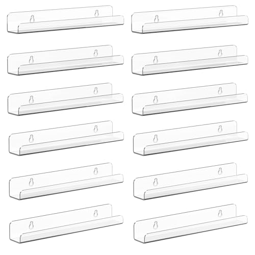 Vinyl Record Shelf Wall Mount, 12 Pack 12 inch Clear Acrylic Album Record Holder Display, Kids Bookshelf, Floating Wall Shelves for Bathroom, Bedroom, Living Room, Kitchen
