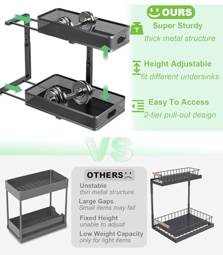 Under Sink Organizer 2 Pack, High Adjustable 2 Tier Under Sink Organizers and Storage, Slide out Metal Cabinet Organizers, Pull out Storage Drawer Shelf for Kitchen Bathroom Cabinet (Black) - view 2