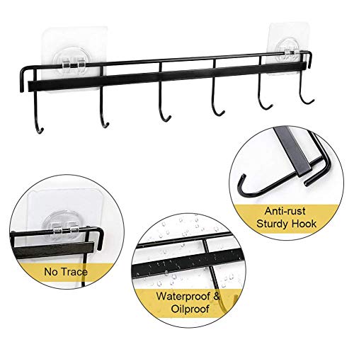 Adhesive Wall Hooks Rack Kitchen Rail, Space Saving Utensil Holder No Drilling Wall Mounted Accessory Hanger with 6 Hooks for Kitchen Bathroom Bedroom Pack of 2 (Black) - view 3