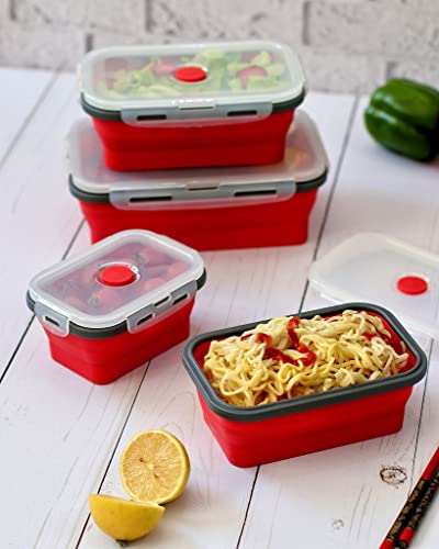 Set of 4 Collapsible Foldable Silicone Food Storage Container With BPA Free, Leftover Meal Box With Airtight Plastic Lids For Kitchen (Red) - view 6