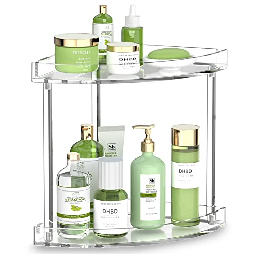 2 Tier Acrylic Bathroom Counter Organizer, Clear Bathroom Countertop Corner Organizer, 2-Tier Corner Storage Shelf Vanity Trays, Home Storage Holder for Makeup Cosmetics Perfume Organizer