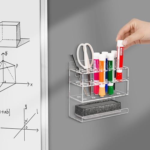 Dry Erase Marker Holder, Wall Mounted Acrylic Marker Holder with 10 Slots, Sticky Pen Storage for Classroom Organization, Office, Whiteboard, Desk Locker Organizer Accessories, Clear - view 4