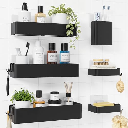 Large Shower Caddy - Adhesive 6-Pack Bathroom Shelves, Black