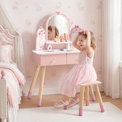 Pink Kids Vanity Set with Butterfly Mirror Stool Age 3+, 39in×27in - view 2