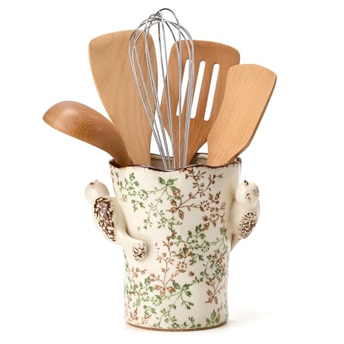 6.34'H Utensil Holder for Kitchen Counter, Modern Farmhouse Cooking Utensil Holder and Crock Home Kitchen Decor, Ceramic Utensil Organizer for Spatula, Ladle, Eggbeater, Rolling Pin- Green and Beige