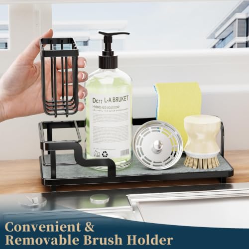 Sponge Holder for Kitchen Sink - Sink Caddy Organizer with Water Absorbing Stone Tray, Detachable Brush Holder, Stainless Steel Kitchen Counter Organizer Rack, Black - view 3