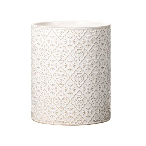 Kitchen Utensil Holder, 6x7 inch Large Ceramic Utensil Holder with Embossed Pattern, Cooking Utensil Crocks for Kitchen Countertop, Home Decor, Off-White