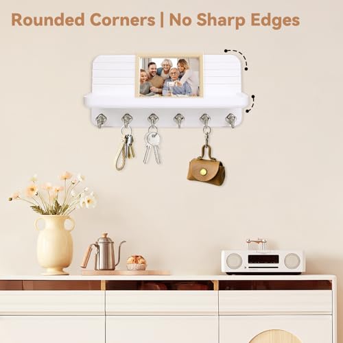 Key Holder for Wall, Mail Organizer Wall Mount with 6 Hooks Wooden Hanging Key Rack for Home Decor, Hallway, Entryway (White) - view 6