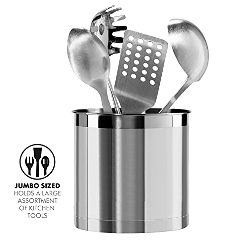 Stainless Steel Jumbo Utensil Holder - 7" Utensil Caddy, Weighted Base for Stability - Extra Large Utensil Crock and Countertop Utensil Organizer, Stainless Steel - view 3
