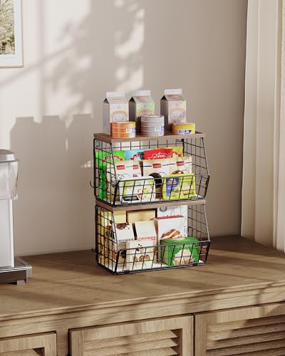 2-Tier Fruit Basket for Kitchen, Stackable Hanging Basket Wire Baskets with Wooden Lid, Wall-Mounted Kitchen Counter Organizer for Fruit, Vegetable Storage, Rustic Brown and Black TCW02P2BF - view 5
