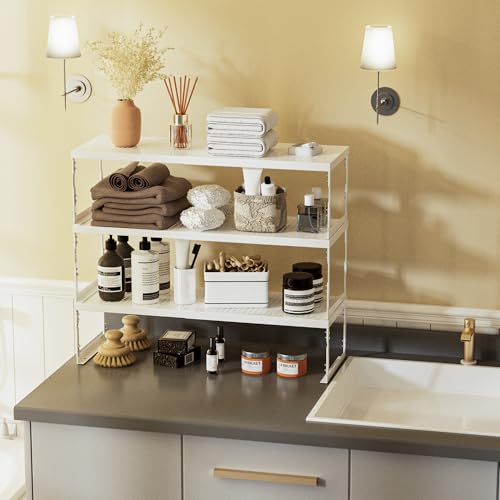 Adjustable Stackable Metal Storage Shelf Organizer - Expandable Wire Rack with Perforations for Kitchen, Pantry, Bathroom, Cabinet & Office-Compact, Durable & Sturdy (2PACKS/Large/White) - view 4