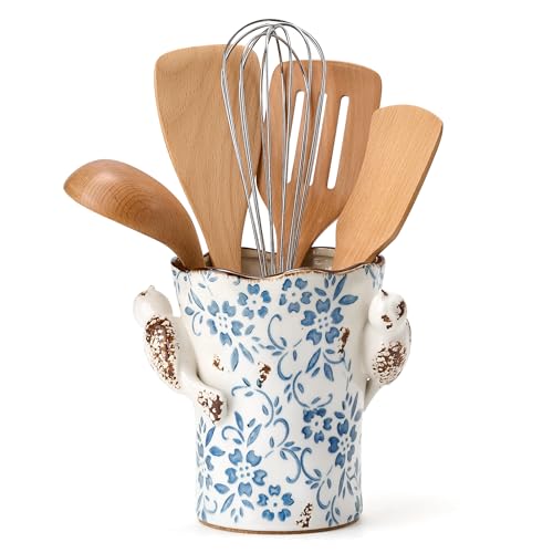 6.34"H Utensil Holder for Kitchen Counter, Modern Farmhouse Cooking Utensil Holder and Crock Home Kitchen Decor, Ceramic Utensil Organizer for Spatula, Ladle, Eggbeater, Rolling Pin- Blue and White