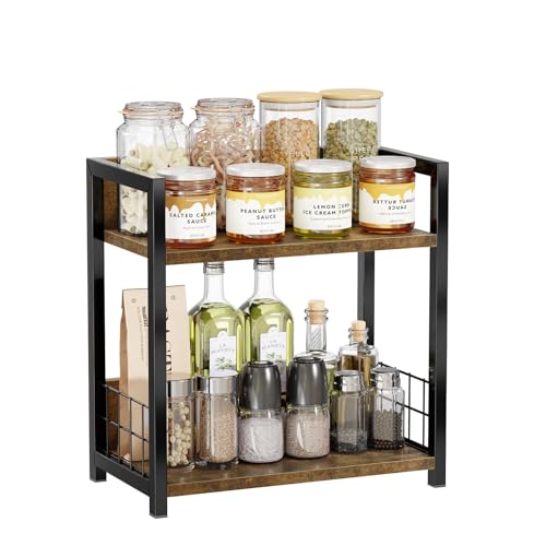 Countertop Shelf Organizer, 2 Tier Kitchen Spice Rack, Coffee Bar Station Storage, for Kitchen Cabinet Bathroom Living Room, Brown, M