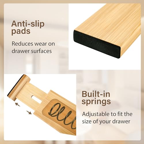 Adjustable Bamboo Drawer Dividers of 4, Expandable Organizers (16.9"-22.2") - view 3
