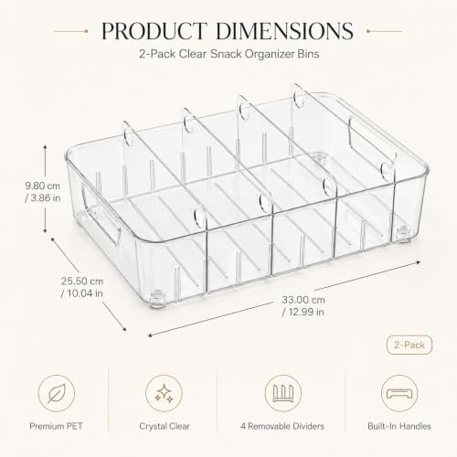 Snack Bin Organizer, 2PCS Clear Plastic Storage Bins with Removable Divider - view 7