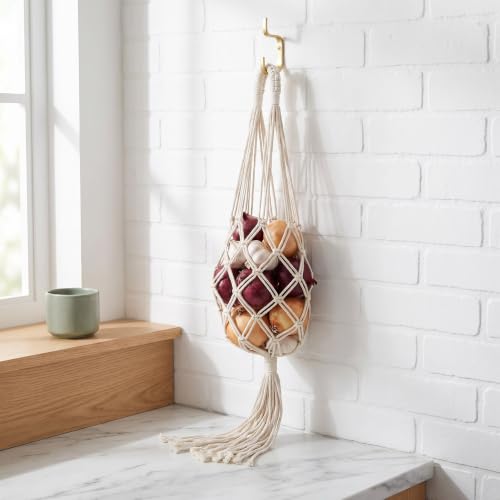Boho Macrame Hanging Basket, with Compartments Fruit Vegetable Storage Bag - view 6