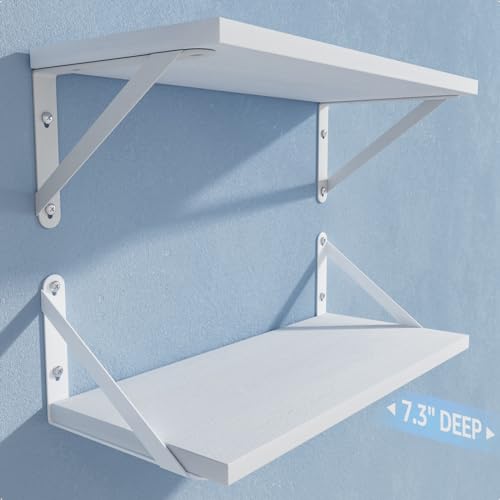 Wall Shelves 7.3" Deep Solid Paulownia Wood (White, Set of 2)