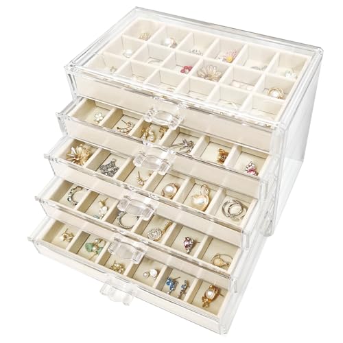 Acrylic Earring Holder Organizer with 5 Drawers Clear Earring Organizer Box with 90 Adjustable Grids Velvet Earring Display Case Jewelry Organizer for Earrings Rings Studs (Beige)