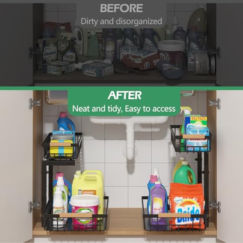 Under Sink Organizer 2 Packs, Pull Out Kitchen Sink Organizer, 2 Tier Slide Out Kitchen Organizers and Storage Bathroom Under Cabinet Storage Shelf, Black - view 4