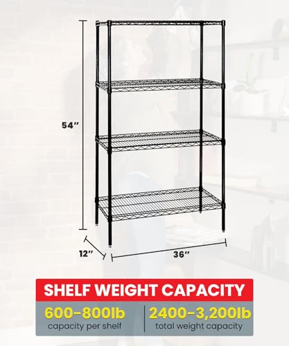 WR54-1236BK 4-Shelf Wire Shelving Unit, NSF-Certified Heavy-Duty Adjustable Rack for Garage, Warehouse & Workshop, 36"W x 12"D x 54"H, 600-800 lbs Per Shelf, Black Epoxy - view 3