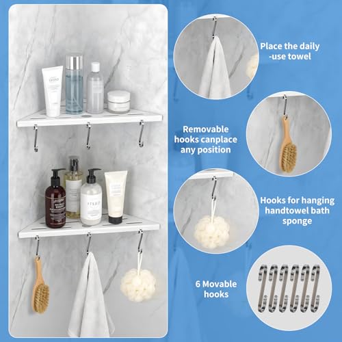 2 Pack 10" 304 Stainless Steel Corner Shower Shelf 6 Hooks 40Lb Drill White - view 4